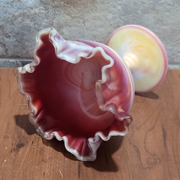 Slag Glass Orange Red Swirl Crimped Candy Trinket Dish - Picture 9 of 11